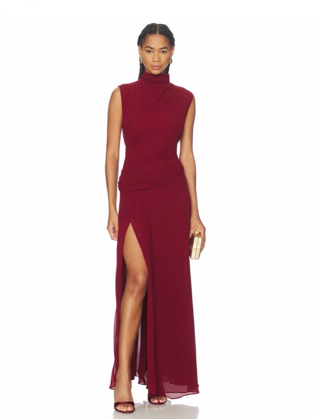 L’Academie Revolve Amouage Wine Red Funnel Neck Draped Slit Evening Gown S NWT